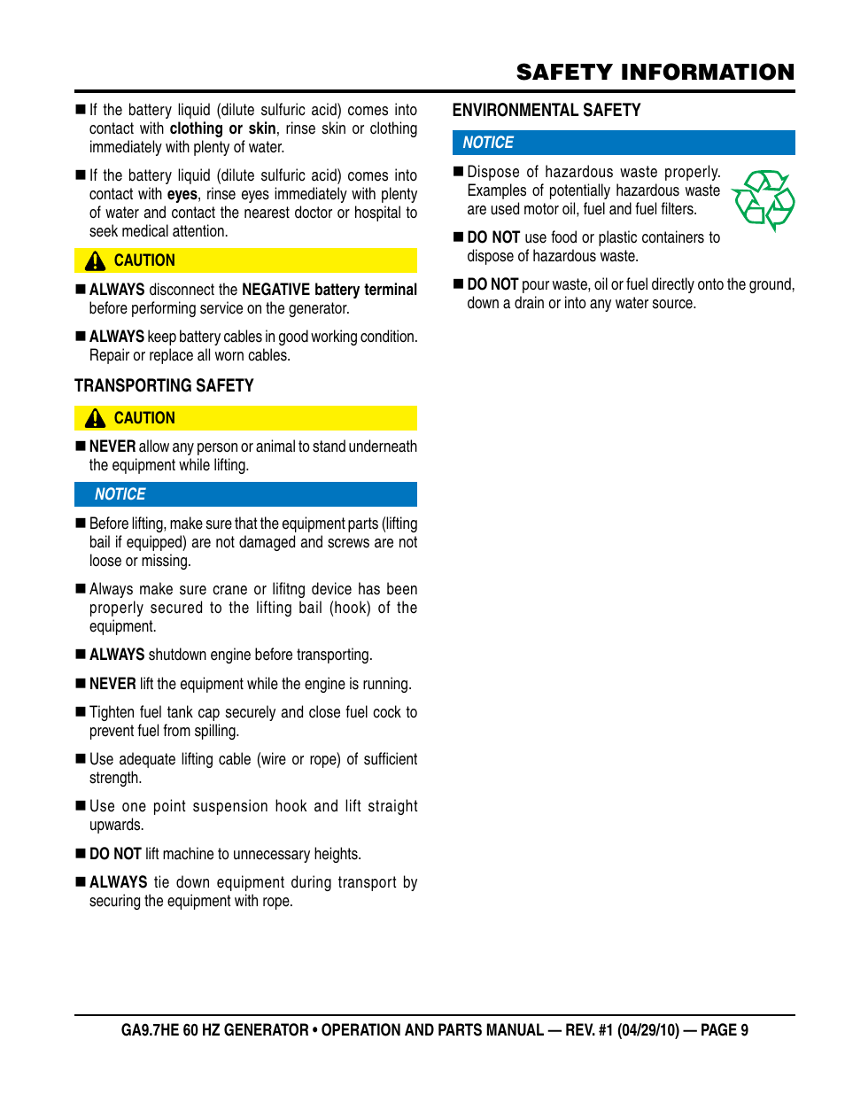 Safety information | Multiquip GA-9.7HE User Manual | Page 9 / 88