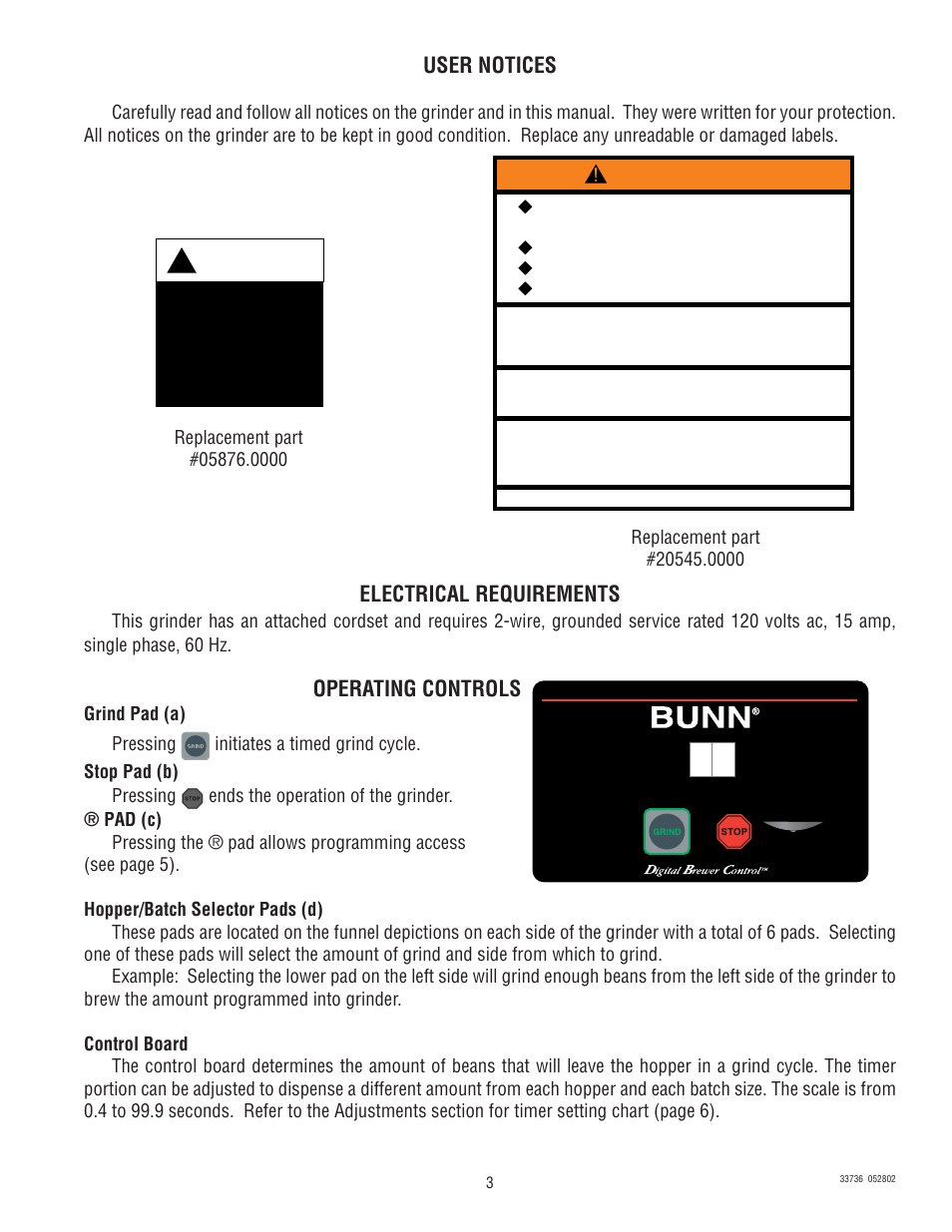 Warning, User notices, Caution | Electrical requirements, Operating controls | Bunn G9-2T DB User Manual | Page 3 / 7