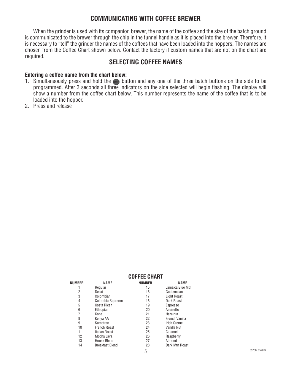Communicating with coffee brewer, Selecting coffee names, Coffee chart | Bunn G9-2T DB User Manual | Page 5 / 7