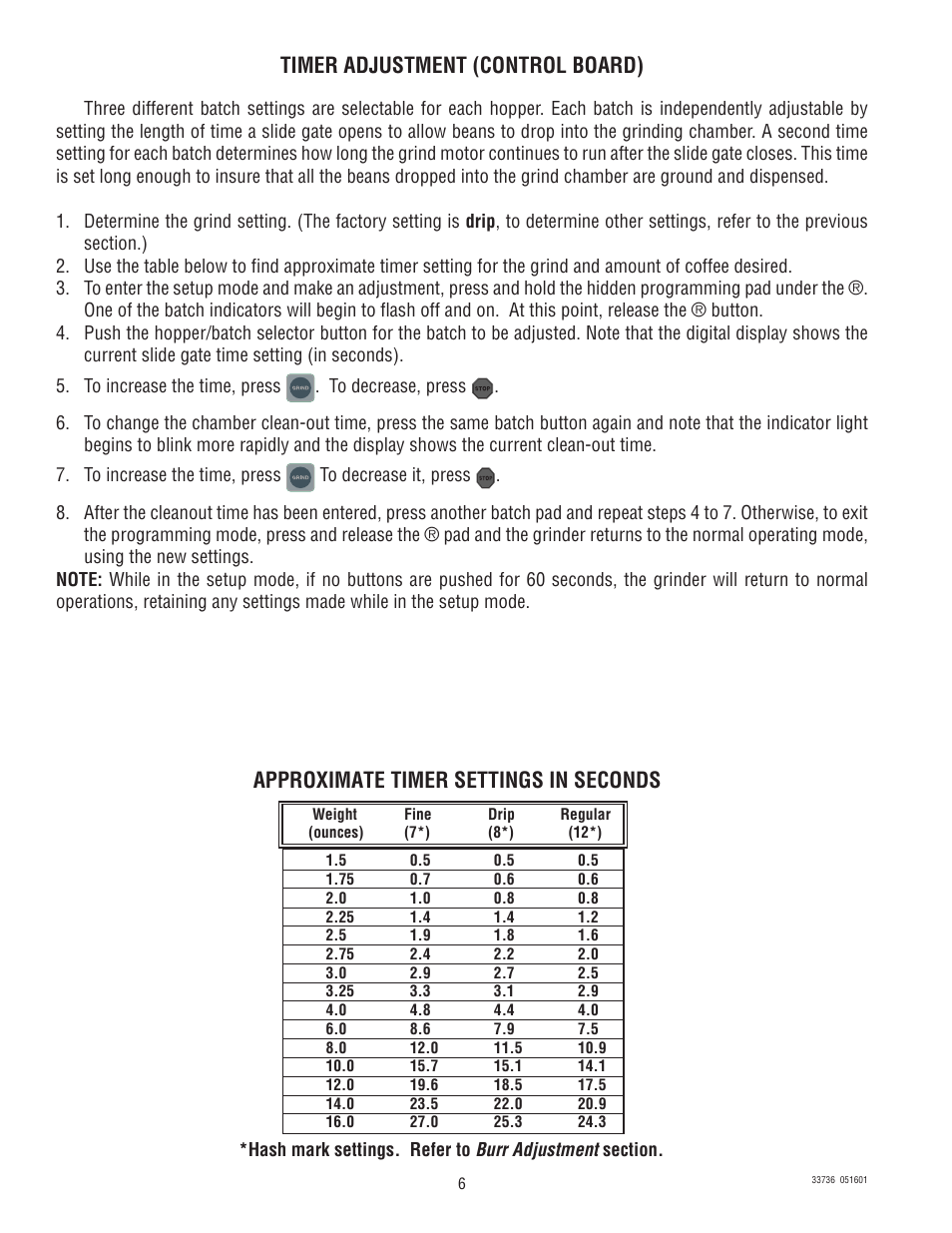 Approximate timer settings in seconds, Timer adjustment (control board) | Bunn G9-2T DB User Manual | Page 6 / 7