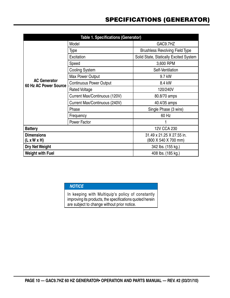 Specifications (generator) | Multiquip GAC-9.7HZ User Manual | Page 10 / 88