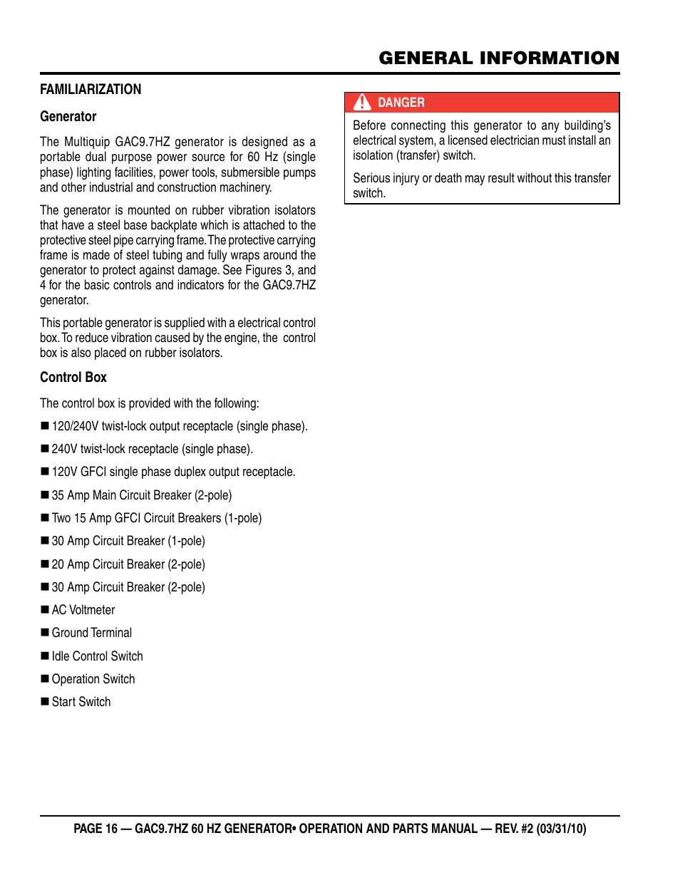 General information | Multiquip GAC-9.7HZ User Manual | Page 16 / 88