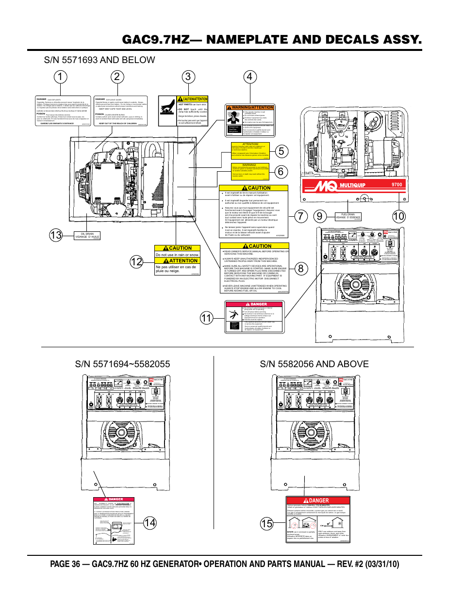 Gac9.7hz— nameplate and decals assy, Danger, Caution | Attention | Multiquip GAC-9.7HZ User Manual | Page 36 / 88