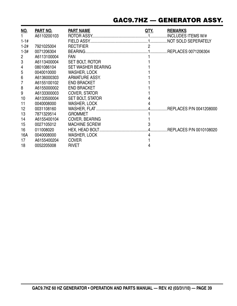 Gac9.7hz — generator assy | Multiquip GAC-9.7HZ User Manual | Page 39 / 88