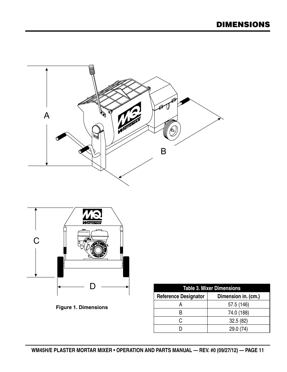Ab c d, Dimensions | Multiquip WM45H User Manual | Page 11 / 46