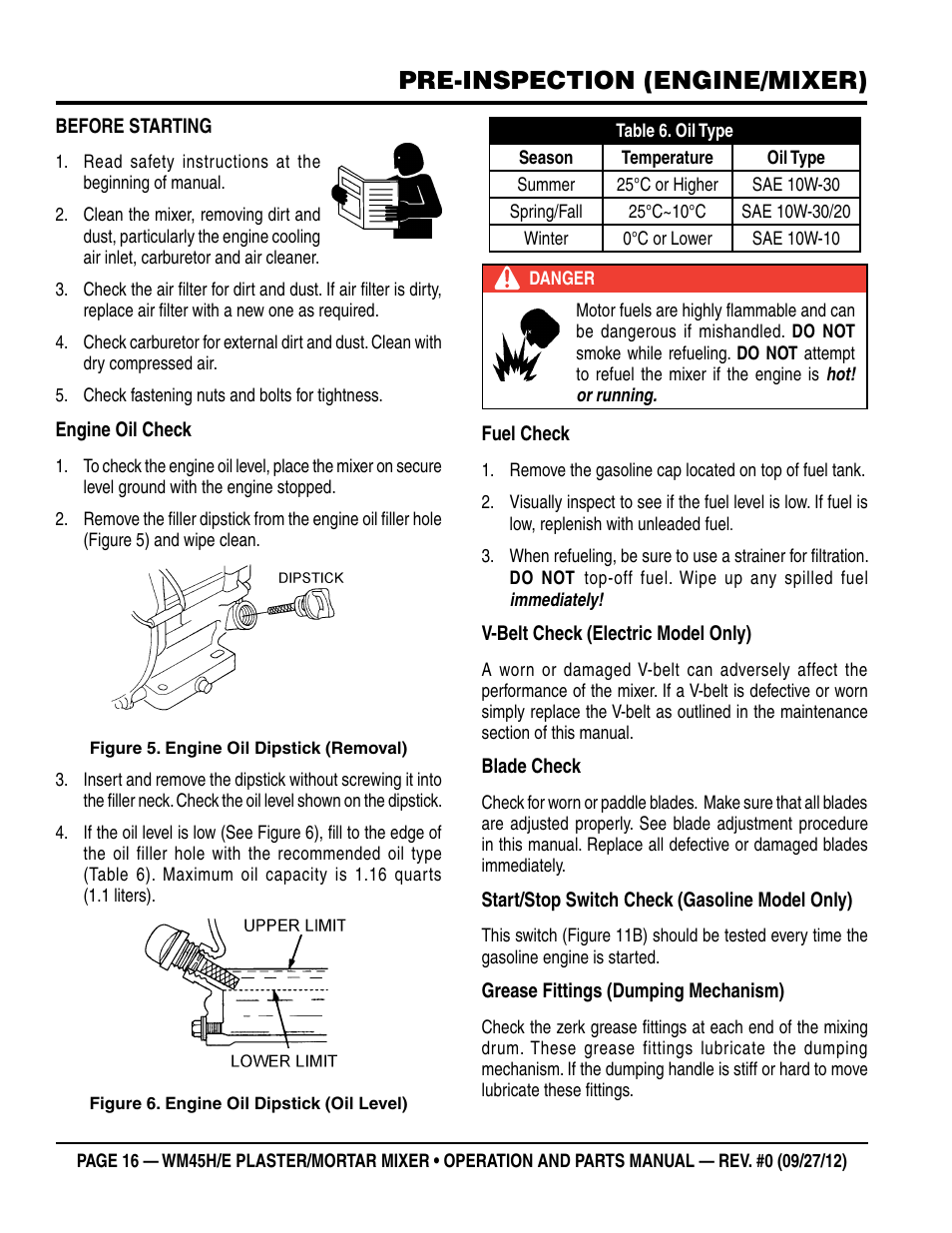Pre-inspection (engine/mixer) | Multiquip WM45H User Manual | Page 16 / 46