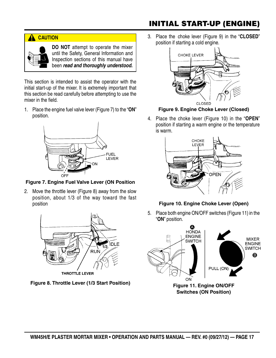 Initial start-up (engine) | Multiquip WM45H User Manual | Page 17 / 46