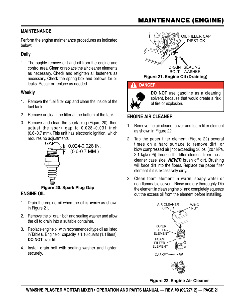 Maintenance (engine) | Multiquip WM45H User Manual | Page 21 / 46