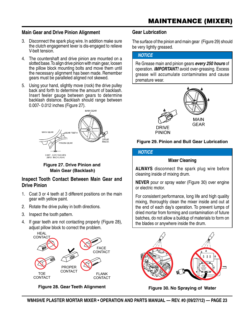 Maintenance (mixer), Main gear and drive pinion alignment, Gear lubrication | Multiquip WM45H User Manual | Page 23 / 46