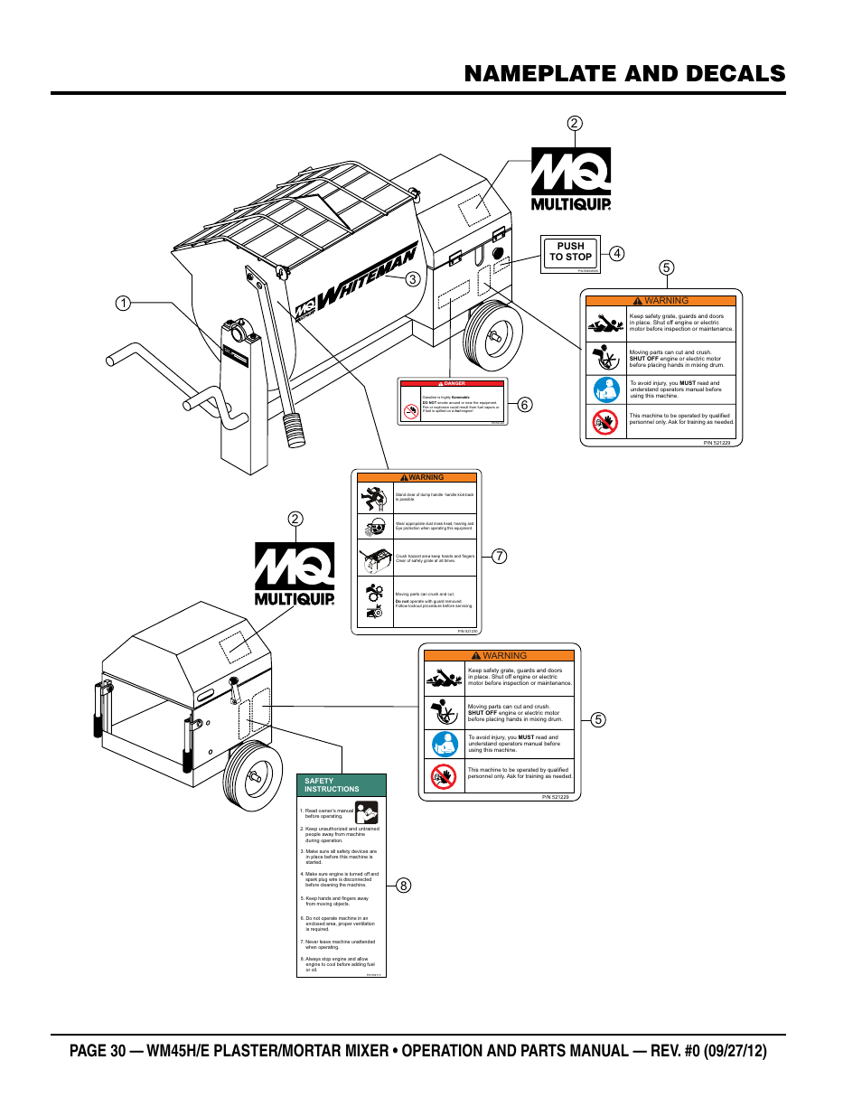Nameplate and decals, Mo de l se ria l no | Multiquip WM45H User Manual | Page 30 / 46