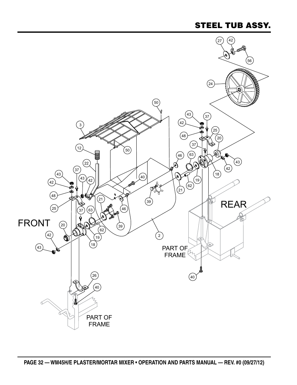 Rear front, Steel tub assy, Part of frame | Multiquip WM45H User Manual | Page 32 / 46