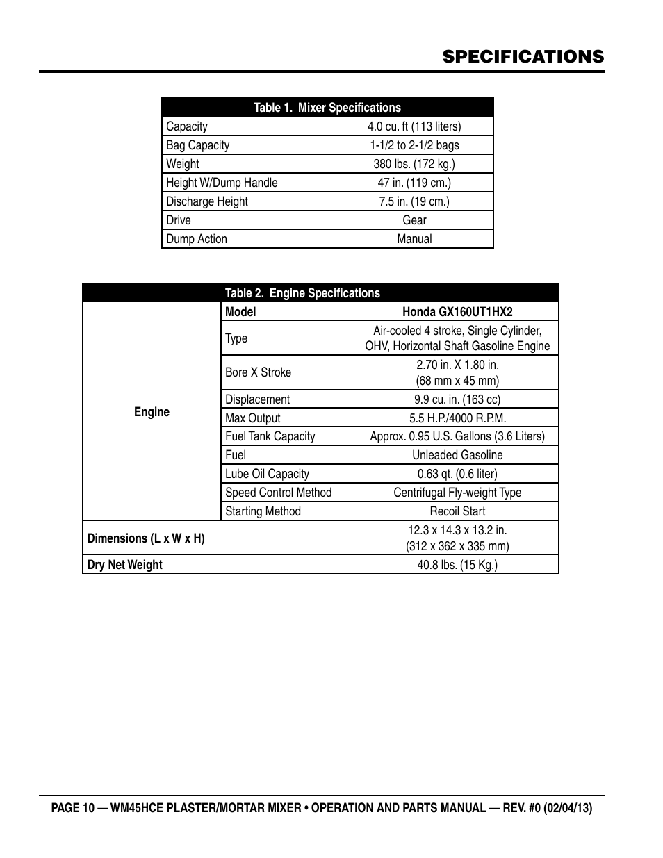 Specifications | Multiquip WM45HCE_rev_0 User Manual | Page 10 / 40