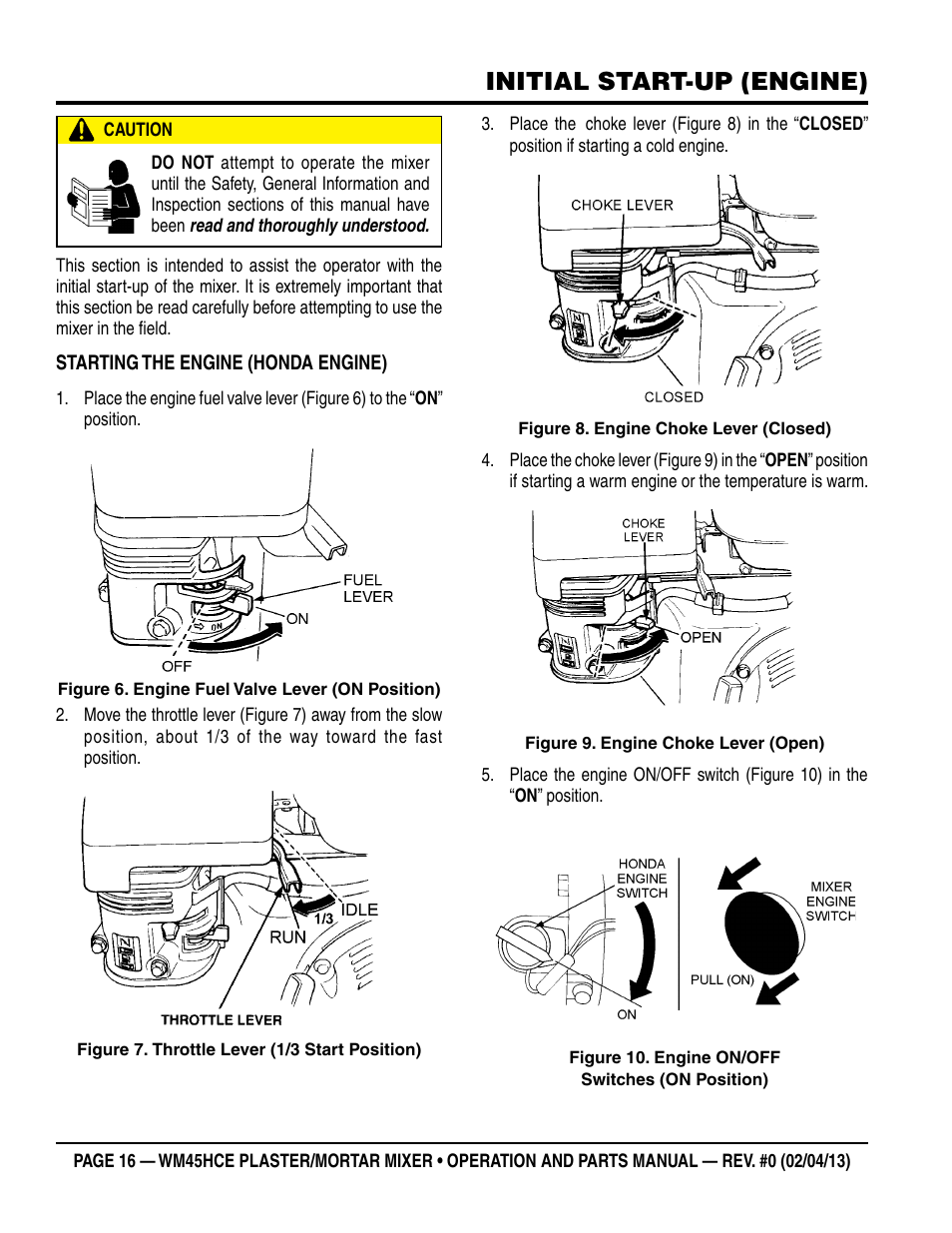 Initial start-up (engine) | Multiquip WM45HCE_rev_0 User Manual | Page 16 / 40