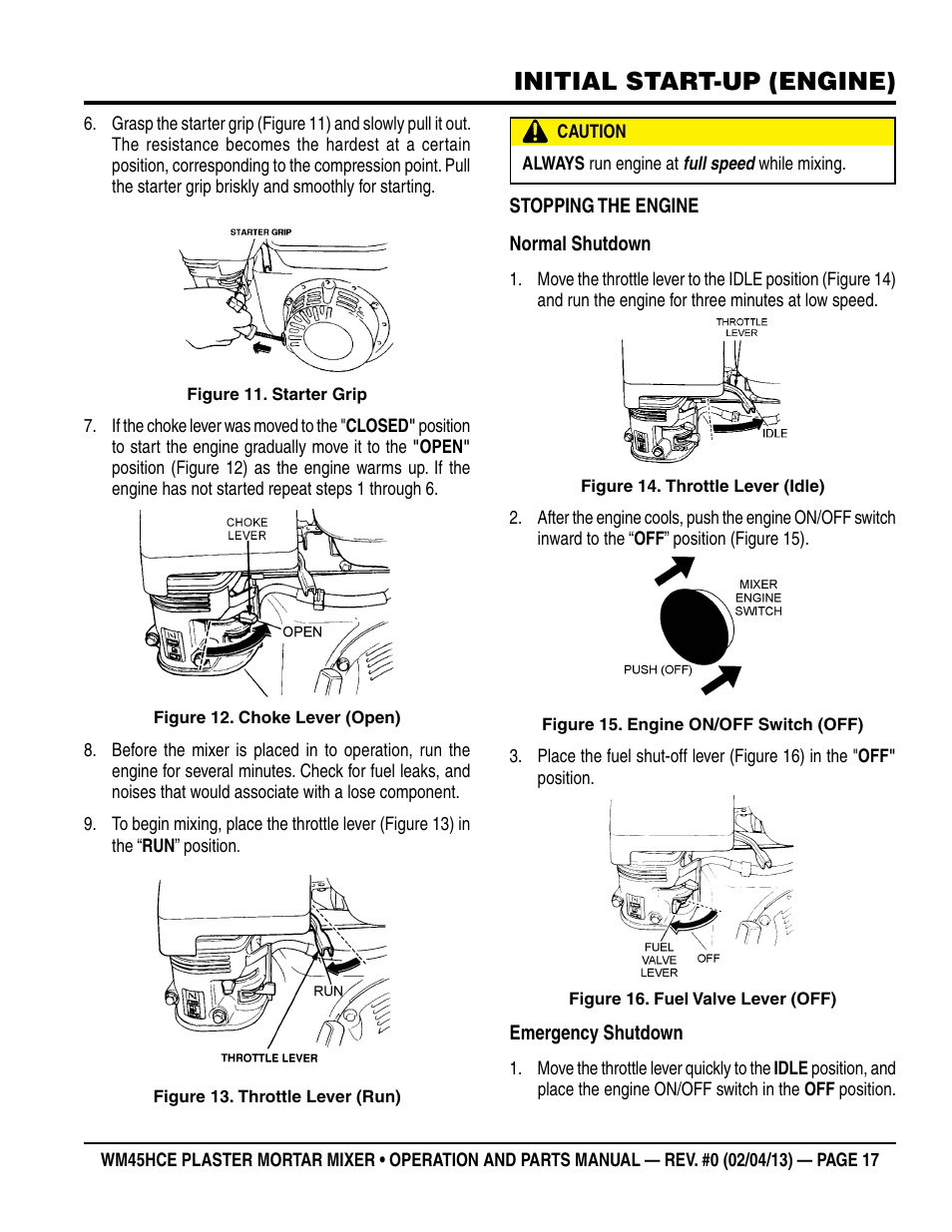 Initial start-up (engine) | Multiquip WM45HCE_rev_0 User Manual | Page 17 / 40