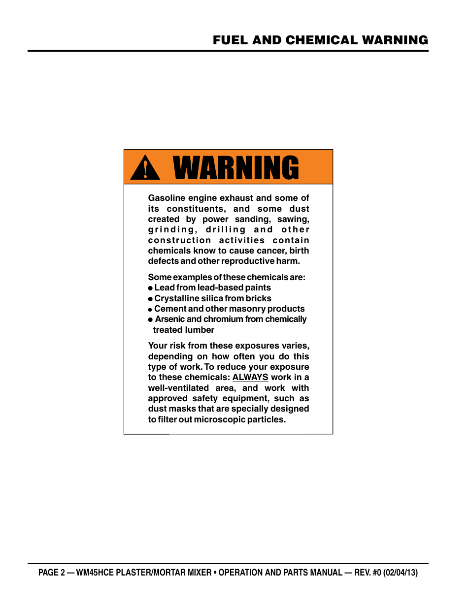 Fuel and chemical warning | Multiquip WM45HCE_rev_0 User Manual | Page 2 / 40