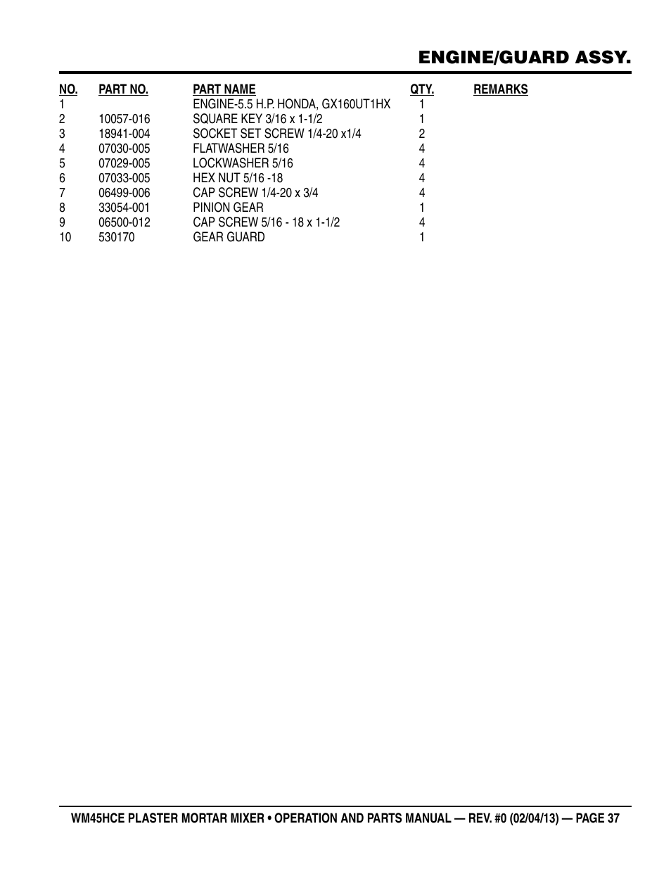 Engine/guard assy | Multiquip WM45HCE_rev_0 User Manual | Page 37 / 40