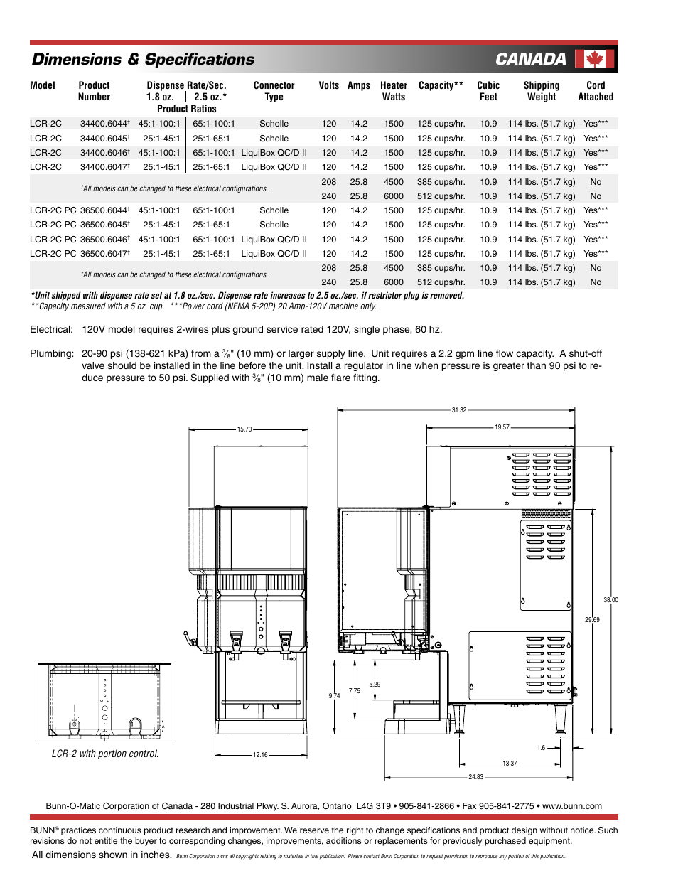 Dimensions & speciﬁcations, Canada | Bunn LCR-2C User Manual | Page 2 / 2