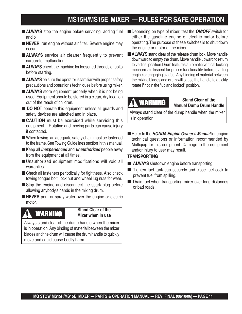 Ms15h/ms15e mixer — rules for safe operation, Warning | Multiquip MS15E User Manual | Page 11 / 84