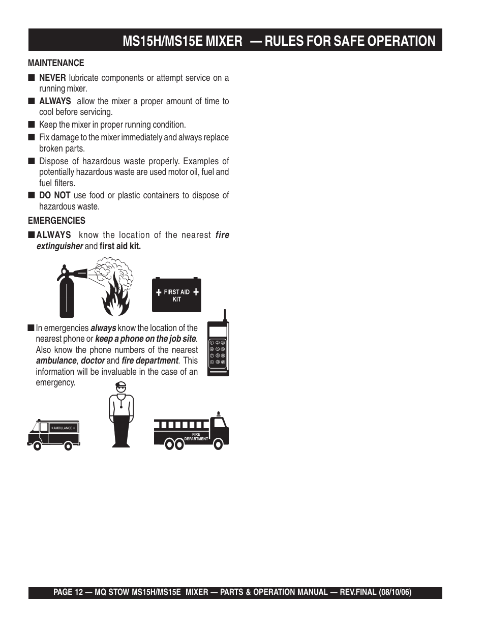Ms15h/ms15e mixer — rules for safe operation | Multiquip MS15E User Manual | Page 12 / 84