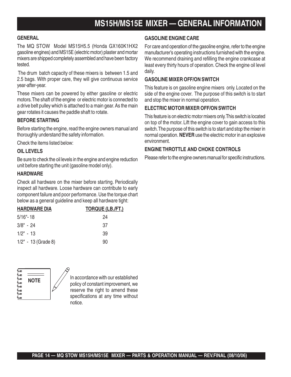 Ms15h/ms15e mixer — general information | Multiquip MS15E User Manual | Page 14 / 84