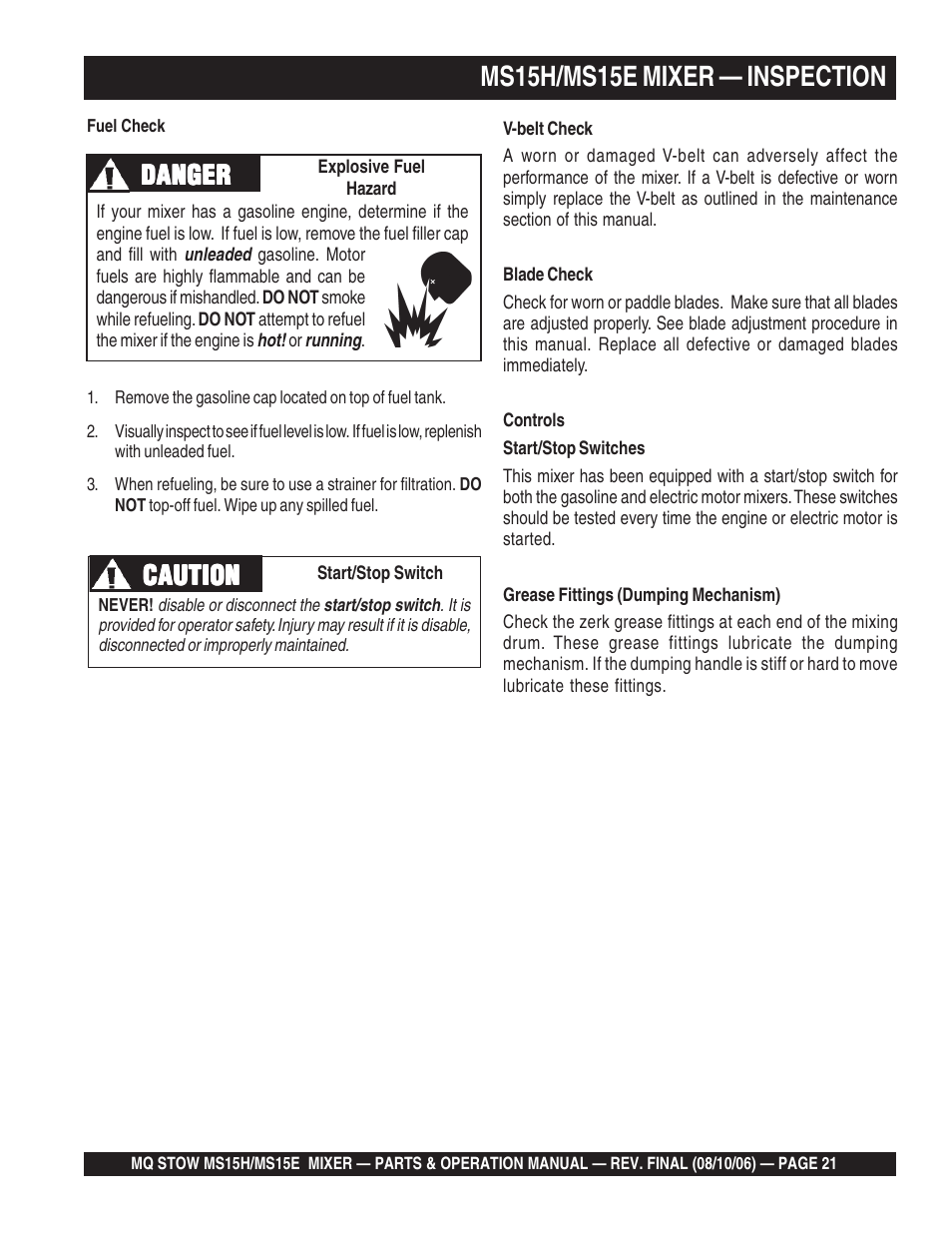 Ms15h/ms15e mixer — inspection, Caution, Danger | Multiquip MS15E User Manual | Page 21 / 84