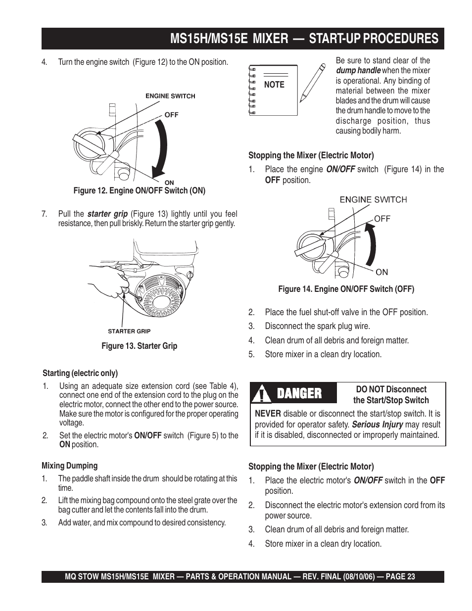 Ms15h/ms15e mixer — start-up procedures, Danger | Multiquip MS15E User Manual | Page 23 / 84