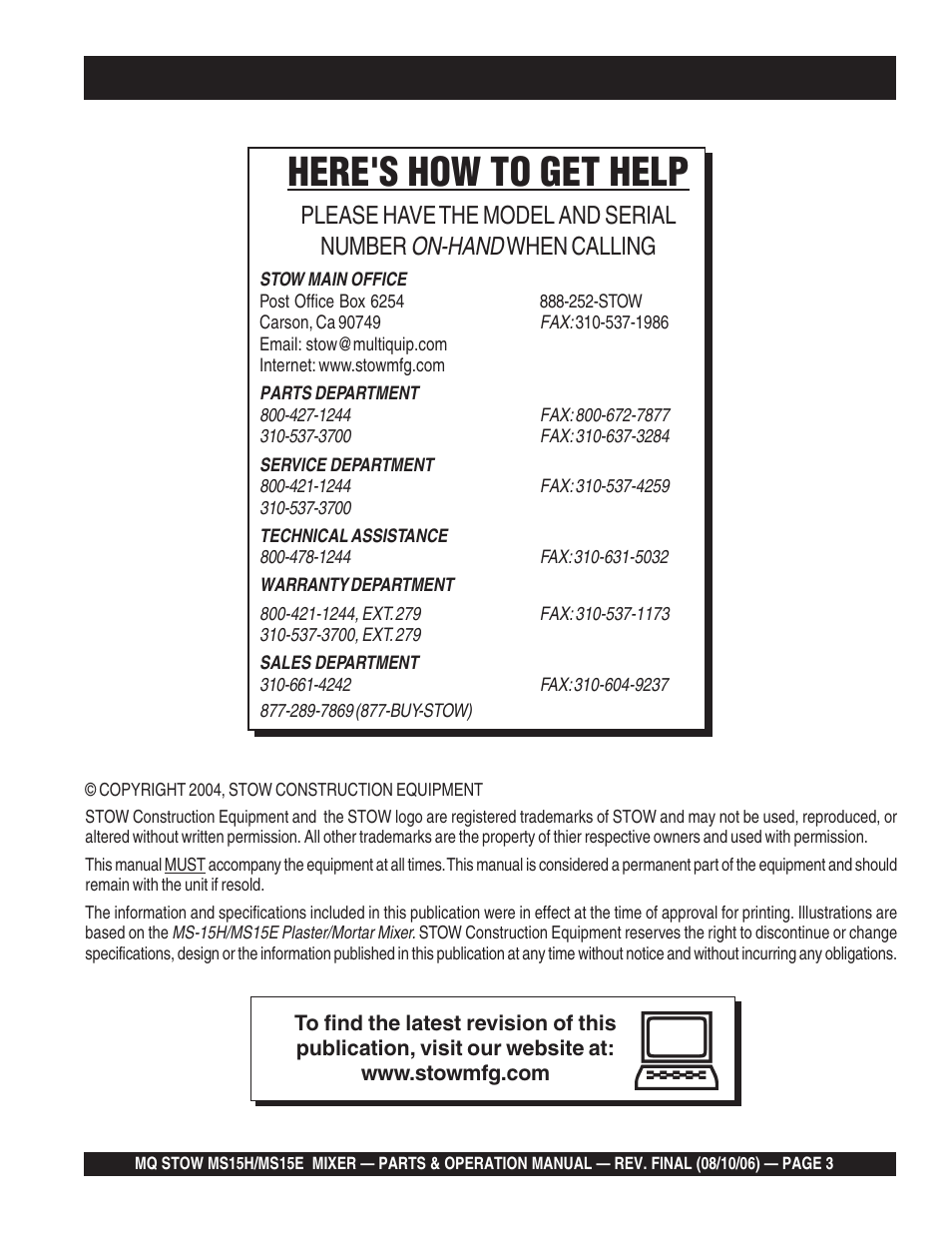 Here's how to get help, On-hand, Please have the model and serial number | When calling | Multiquip MS15E User Manual | Page 3 / 84