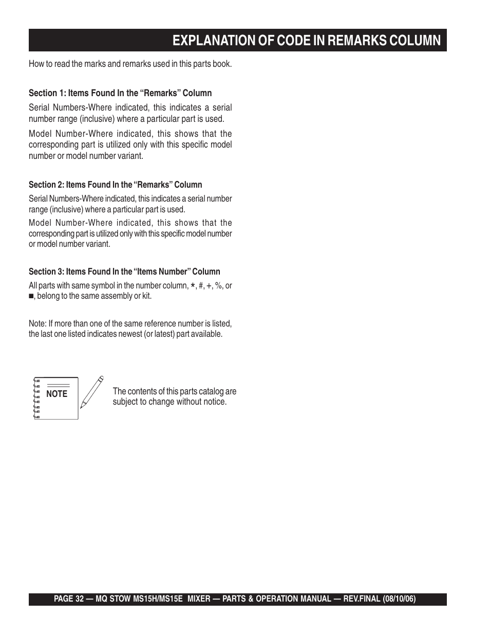 Explanation of code in remarks column | Multiquip MS15E User Manual | Page 32 / 84