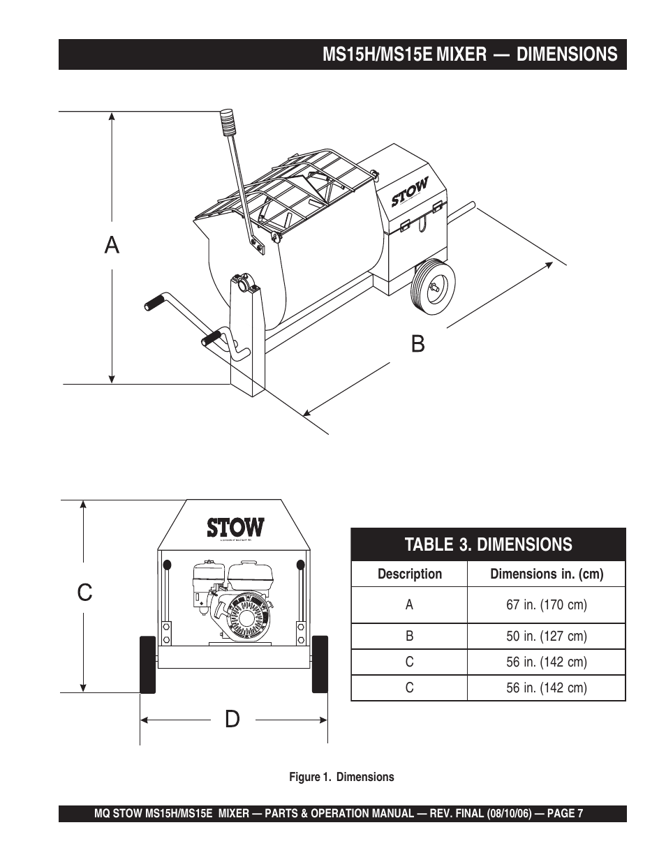 Ms15h/ms15e mixer — dimensions | Multiquip MS15E User Manual | Page 7 / 84