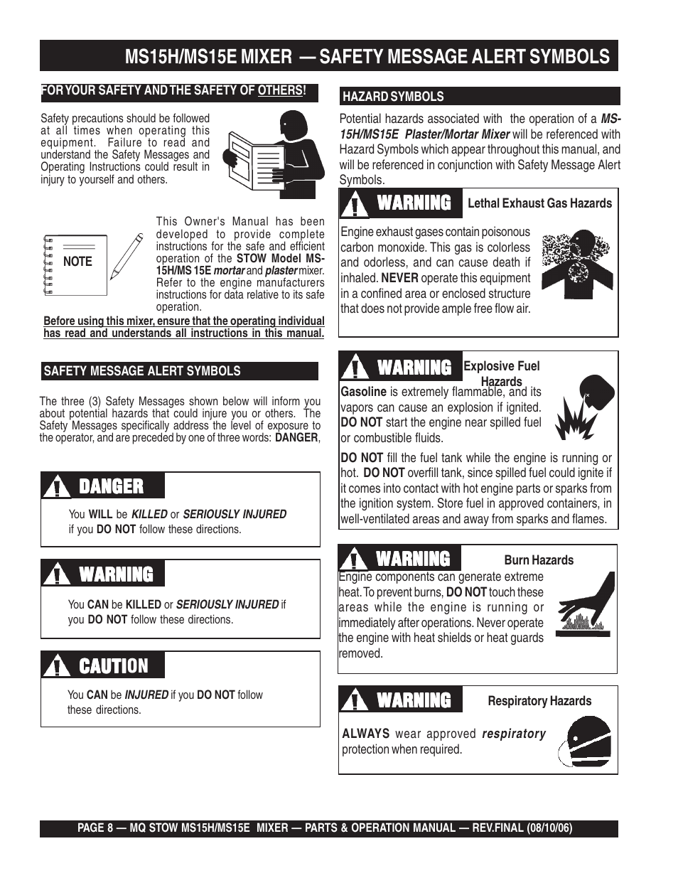 Ms15h/ms15e mixer — safety message alert symbols, Warning, Cauti | Cauti caution danger danger danger danger danger | Multiquip MS15E User Manual | Page 8 / 84