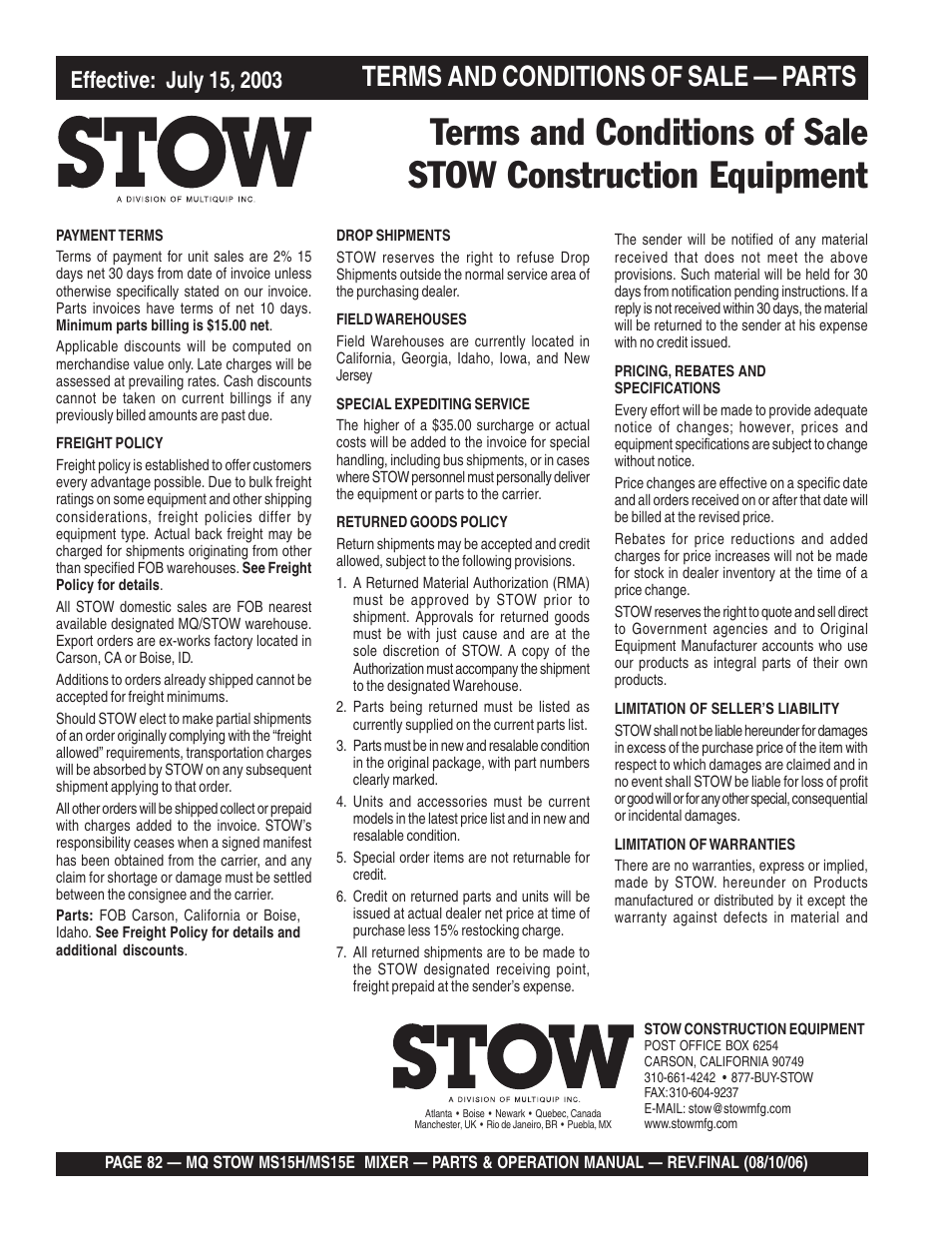 Terms and conditions of sale — parts | Multiquip MS15E User Manual | Page 82 / 84