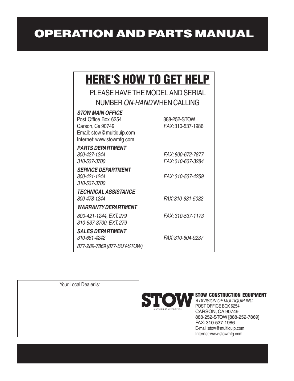 Here's how to get help, Operation and parts manual, On-hand | Please have the model and serial number, When calling | Multiquip MS15E User Manual | Page 84 / 84