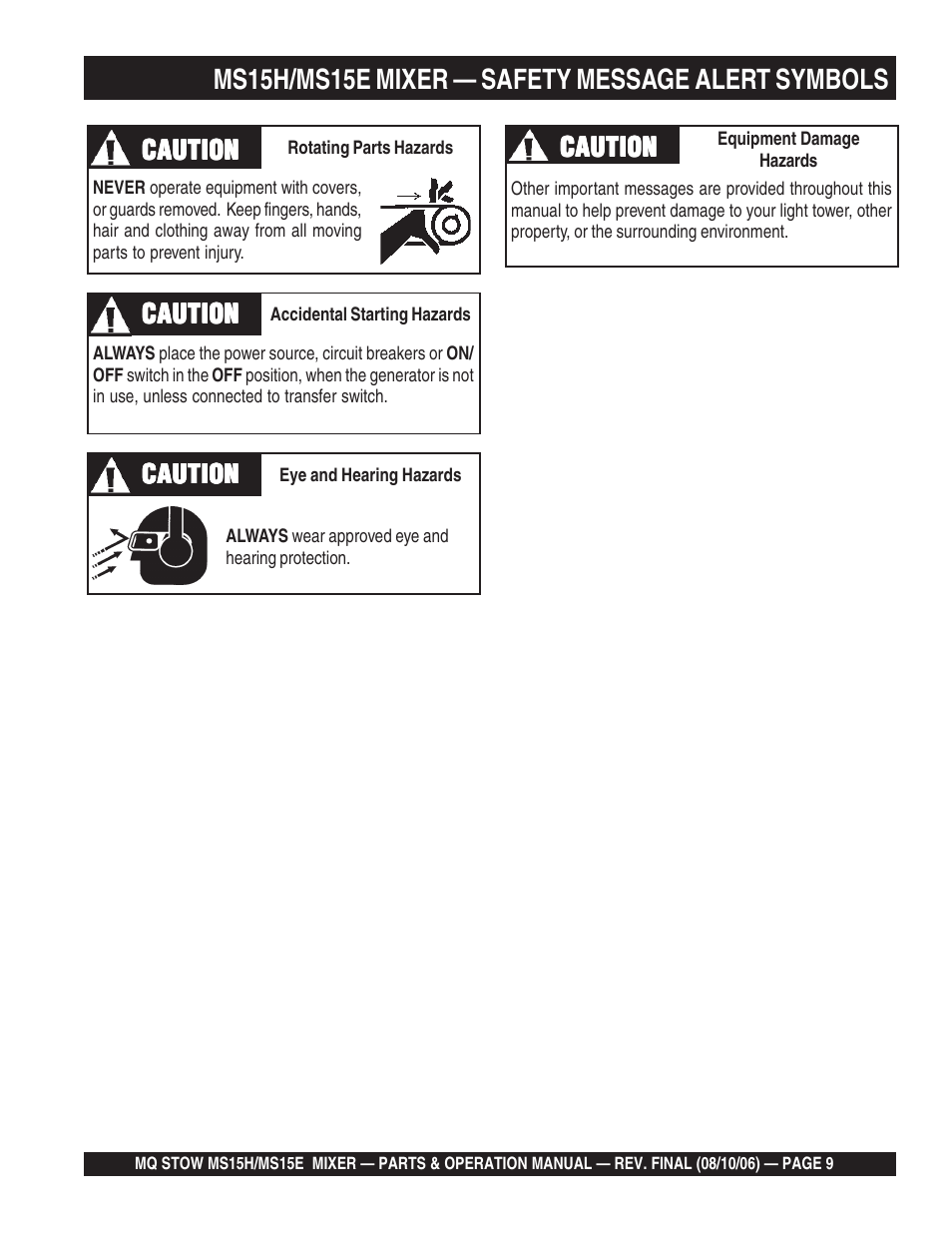 Ms15h/ms15e mixer — safety message alert symbols | Multiquip MS15E User Manual | Page 9 / 84