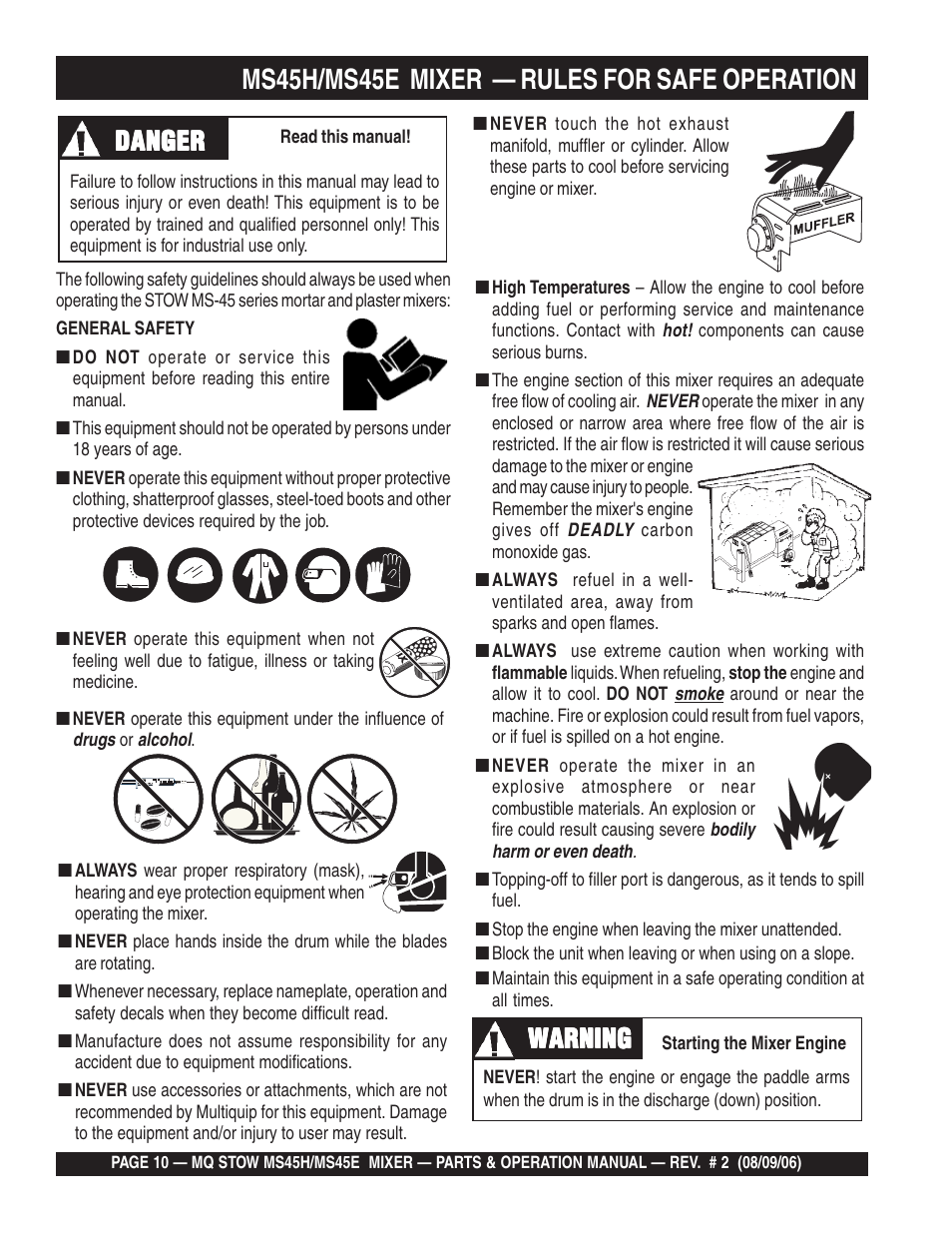 Ms45h/ms45e mixer — rules for safe operation, Warning, Danger | Multiquip MS45E User Manual | Page 10 / 84