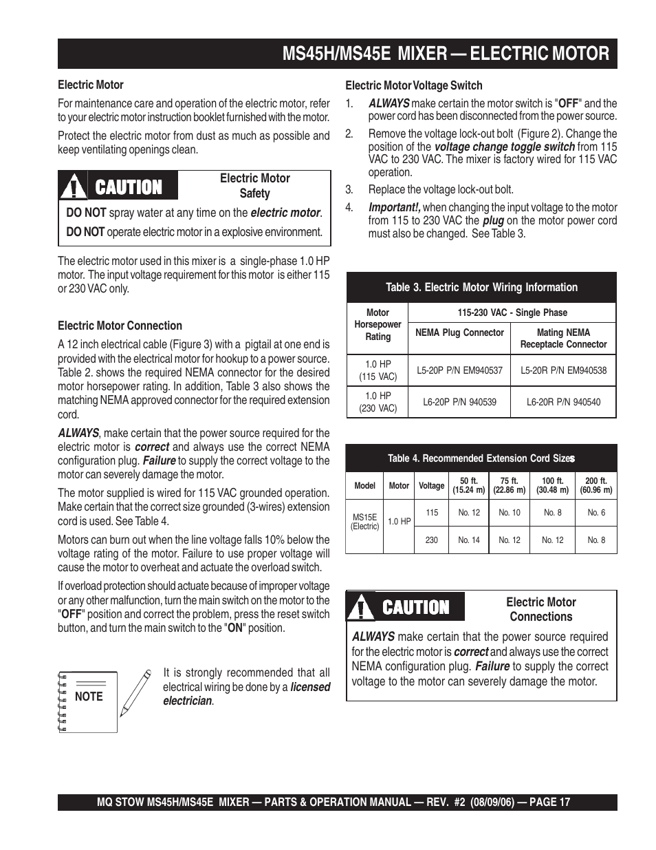 Ms45h/ms45e mixer — electric motor, Caution | Multiquip MS45E User Manual | Page 17 / 84
