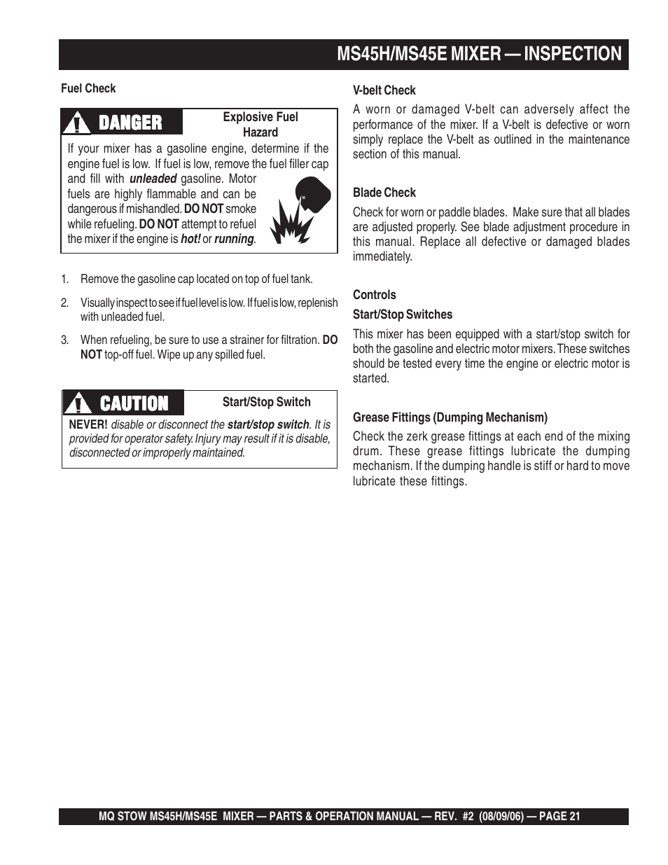 Ms45h/ms45e mixer — inspection, Caution, Danger | Multiquip MS45E User Manual | Page 21 / 84