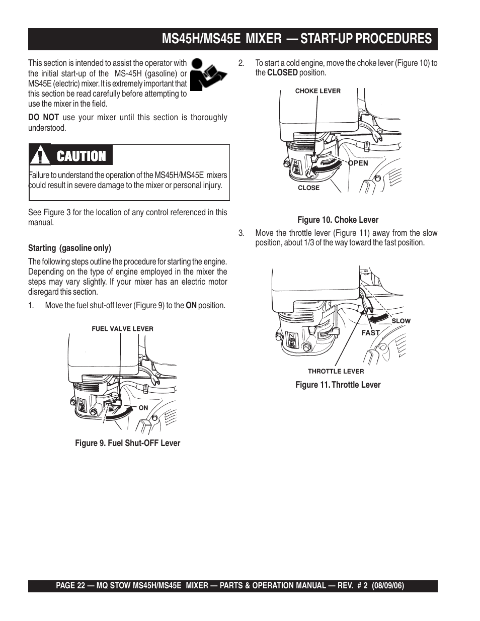 Ms45h/ms45e mixer — start-up procedures, Caution | Multiquip MS45E User Manual | Page 22 / 84