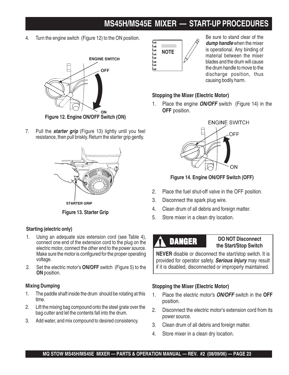 Ms45h/ms45e mixer — start-up procedures, Danger | Multiquip MS45E User Manual | Page 23 / 84