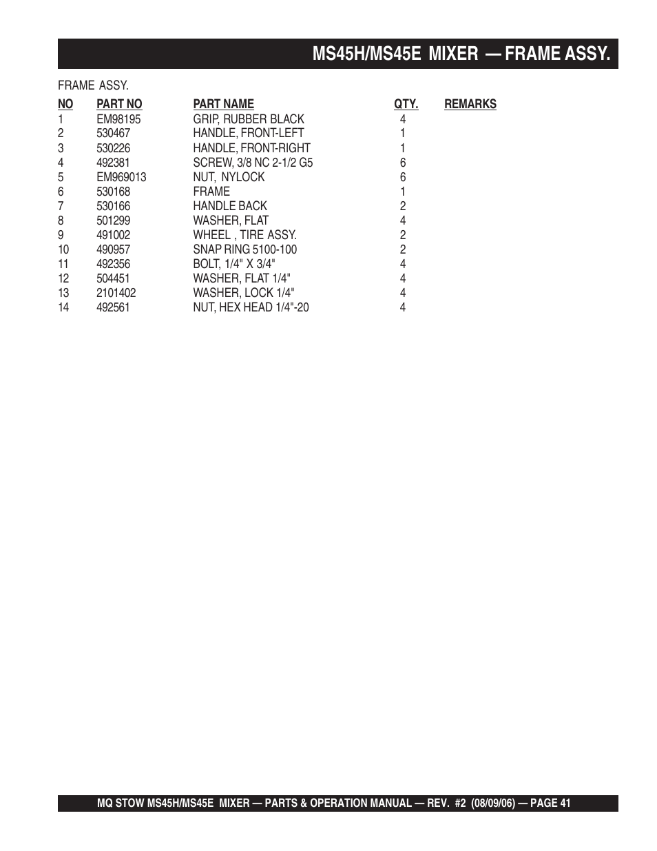 Ms45h/ms45e mixer — frame assy | Multiquip MS45E User Manual | Page 41 / 84