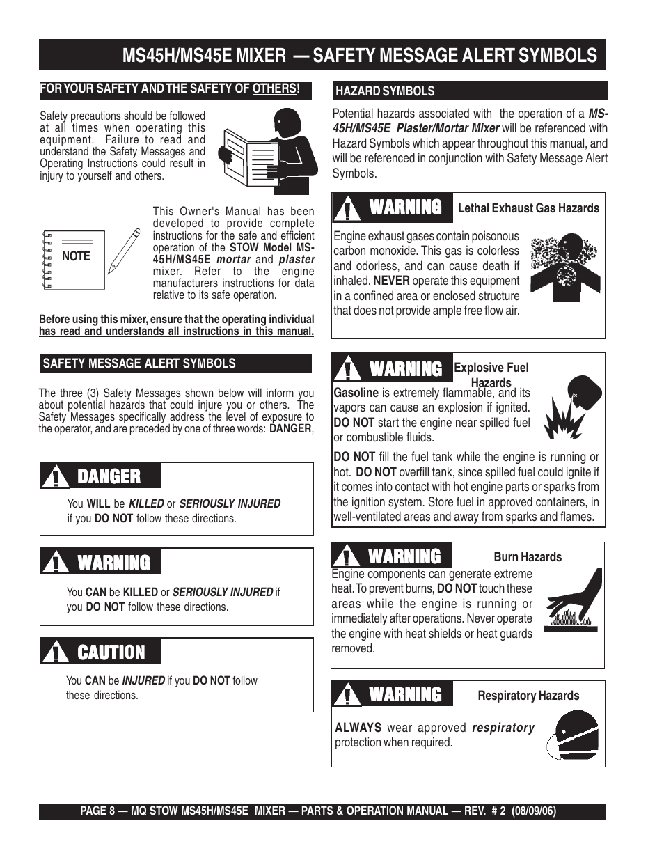 Ms45h/ms45e mixer — safety message alert symbols, Warning, Cauti | Cauti caution danger danger danger danger danger | Multiquip MS45E User Manual | Page 8 / 84