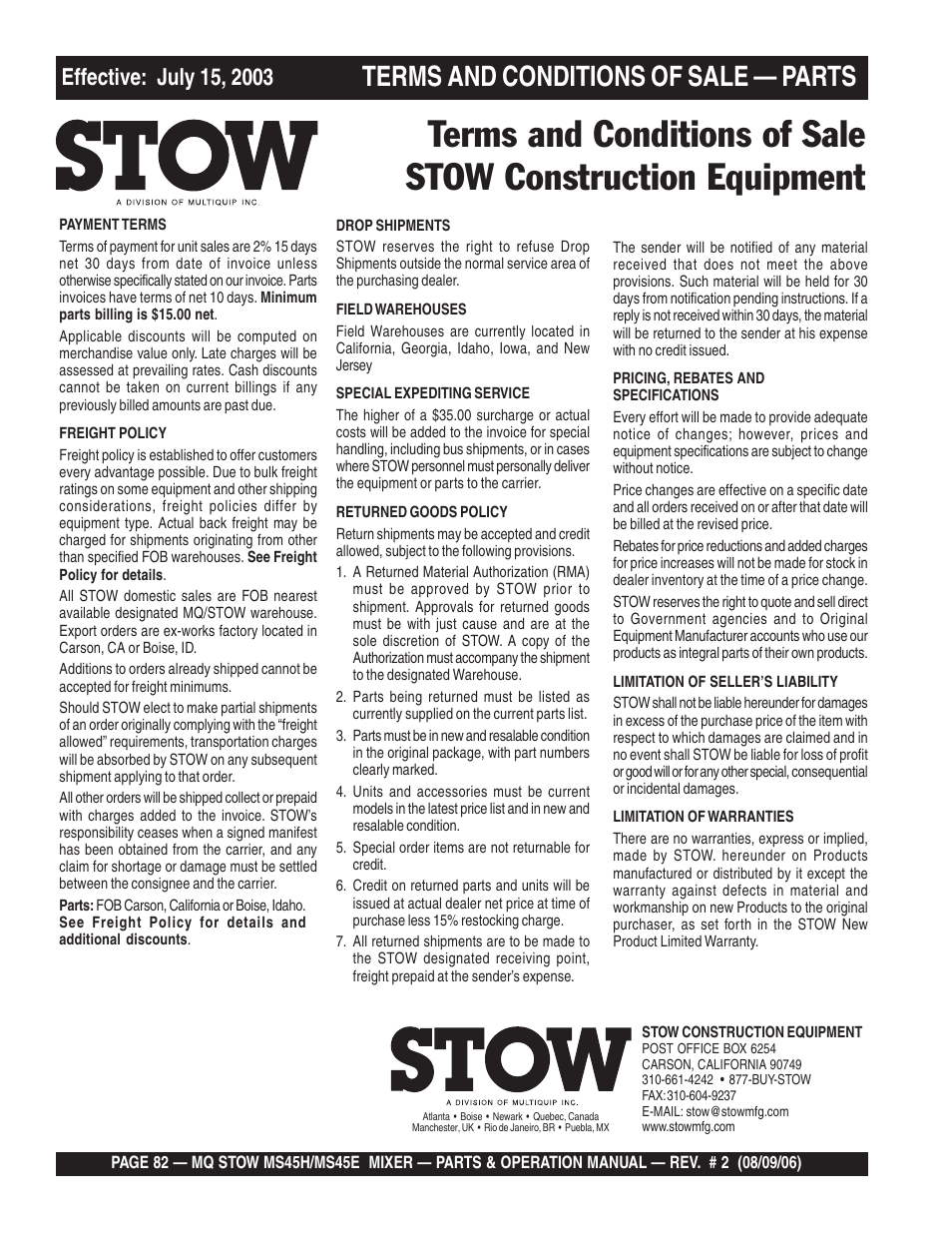 Terms and conditions of sale — parts | Multiquip MS45E User Manual | Page 82 / 84