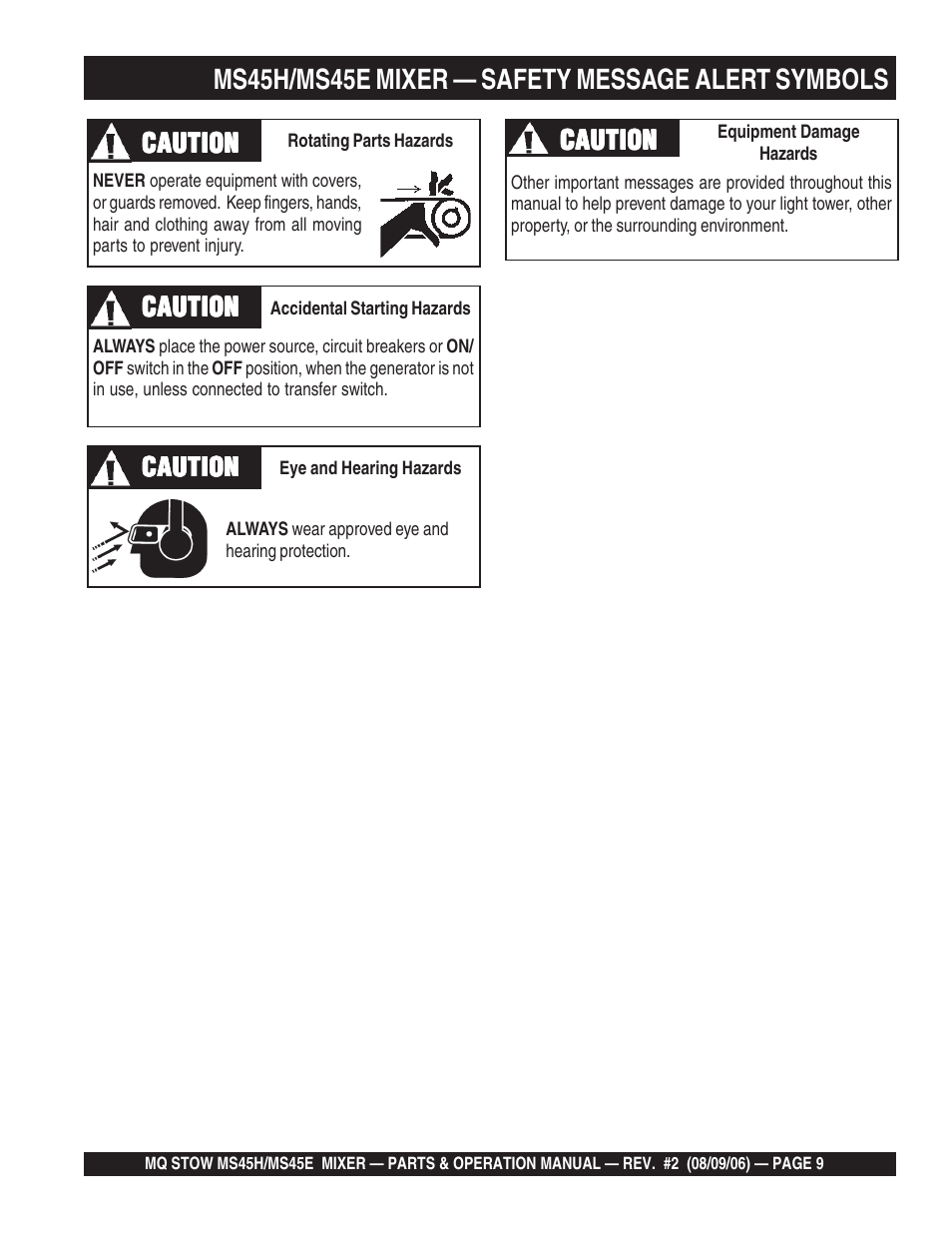 Ms45h/ms45e mixer — safety message alert symbols | Multiquip MS45E User Manual | Page 9 / 84