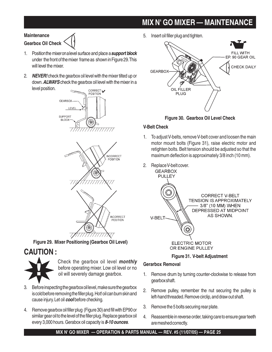 Mix n' go mixer — maintenance, Caution | Multiquip MC3P User Manual | Page 25 / 42