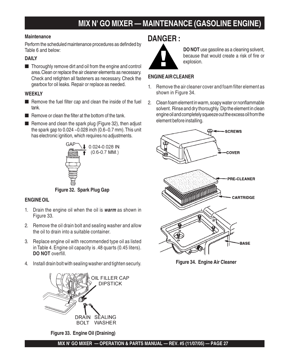 Danger, Mix n' go mixer — maintenance (gasoline engine) | Multiquip MC3P User Manual | Page 27 / 42