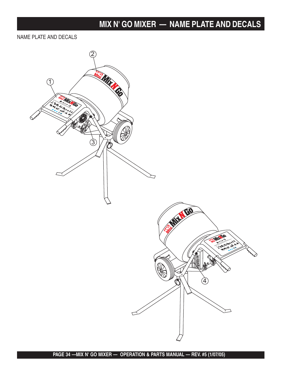 Mix n' go mixer — name plate and decals, Name plate and decals | Multiquip MC3P User Manual | Page 34 / 42