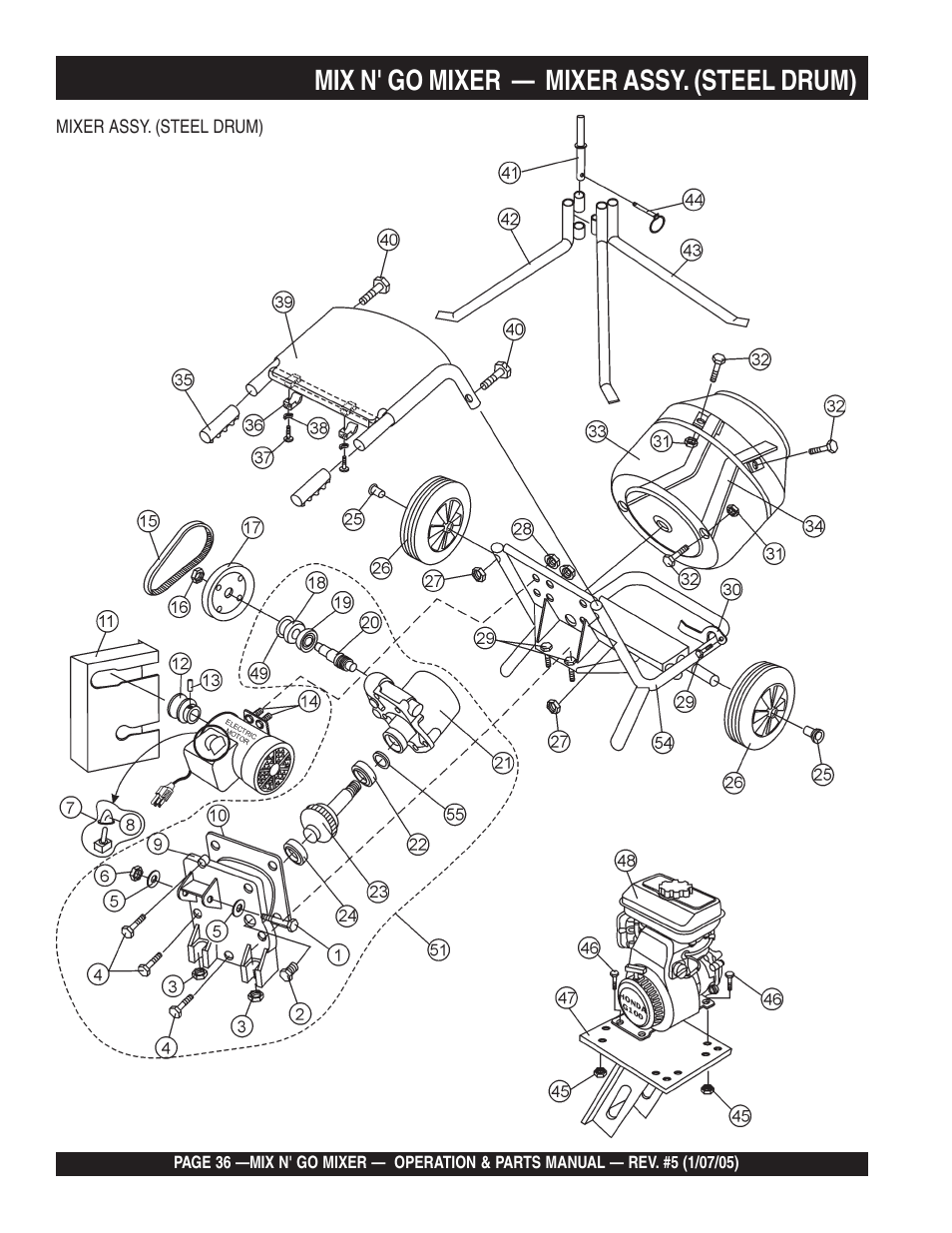 Mix n' go mixer — mixer assy. (steel drum) | Multiquip MC3P User Manual | Page 36 / 42