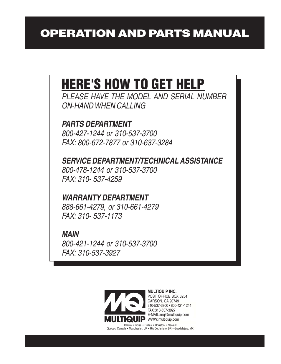 Here's how to get help, Operation and parts manual | Multiquip MC3P User Manual | Page 42 / 42