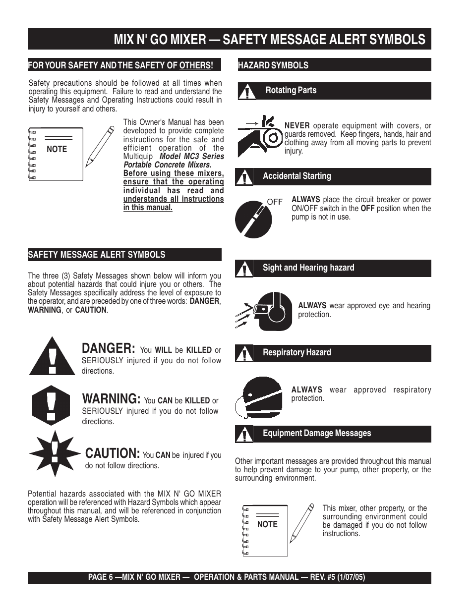 Mix n' go mixer — safety message alert symbols, Danger, Warning | Caution | Multiquip MC3P User Manual | Page 6 / 42