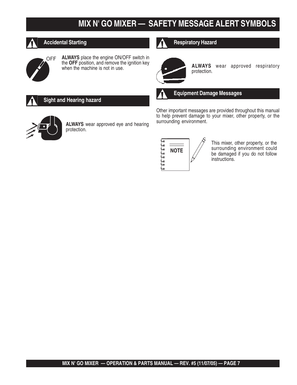 Mix n' go mixer — safety message alert symbols | Multiquip MC3P User Manual | Page 7 / 42