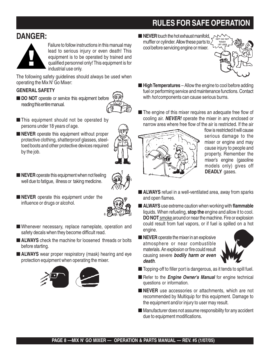 Rules for safe operation, Danger | Multiquip MC3P User Manual | Page 8 / 42